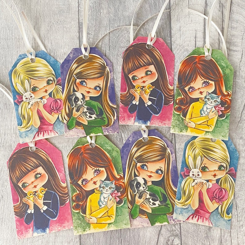 Retro 70s Gift Tags: Girls with Pets, Set of 8 bild 2