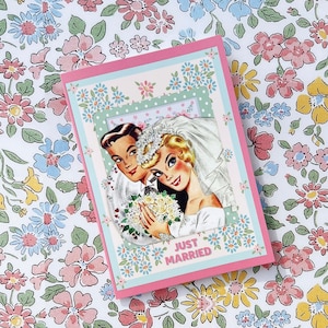 Carte de mariage Just Married - carte de voeux de félicitations pastel vintage