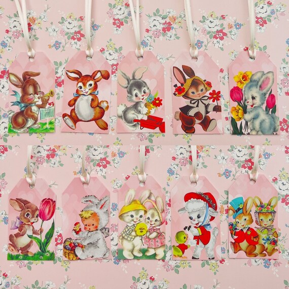 Easter Gift Tags Bunny Rabbit - vintage retro bunnies - set of 10