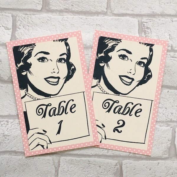 Wedding Table Numbers Cards - Vintage Retro Kitsch Fifties - 1950's party names centrepiece