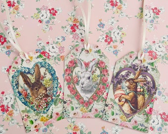 10 x Easter Gift Tags Bunny Rabbit - vintage style flowers hearts