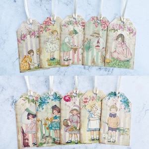 Ostern Niedliche Kinder Geschenkanhänger Bunny Pastel Garden - Vintage Retro Hasen - Set von 10