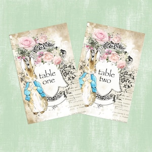 Peut inclure: Deux cartes de numéro de table illustrant Peter Rabbit. Les cartes sont décorées de roses roses et d'un fond vintage. Le texte sur les cartes indique "table one" et "table two".