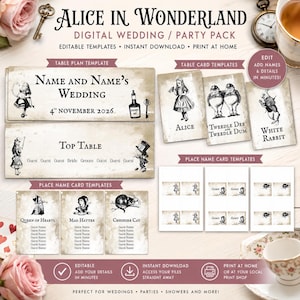 Alice Theme Table Plan, Cards and Place Cards Digital Download Editable