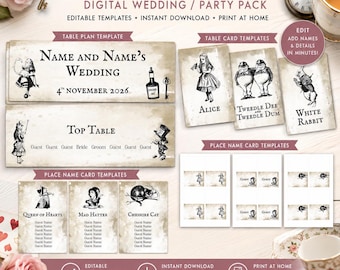 Alice Theme Table Plan, Cards and Place Cards Digital Download Editable