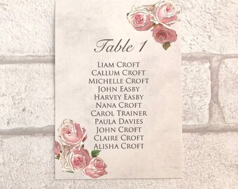 Wedding Table Plan Cards Seating Planner Vintage Style Pink 
