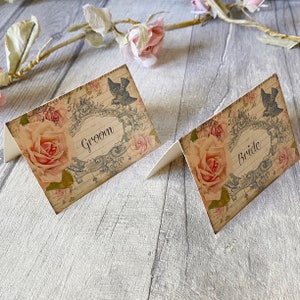 Vintage Pink Wedding Place Name Cards - set of 10 - Personalised pink flower