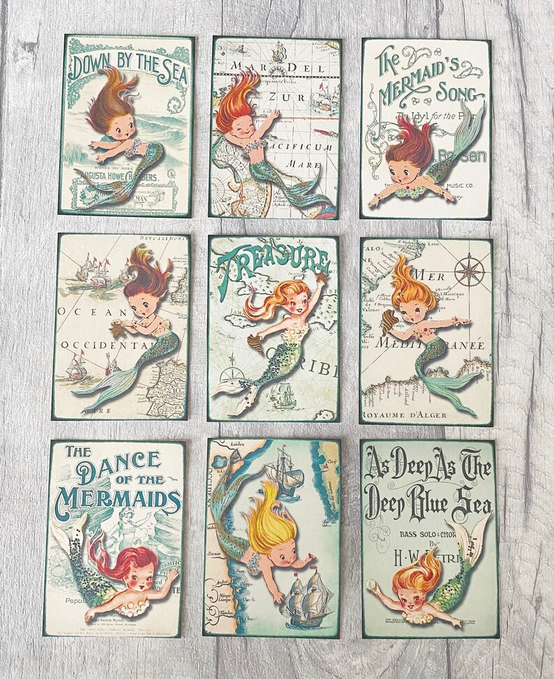 May include: Nine vintage cards featuring illustrations of mermaids with a nautical theme. The cards feature maps, text, and illustrations of mermaids with long flowing hair and tails. The cards are printed on a white background with green and blue accents.