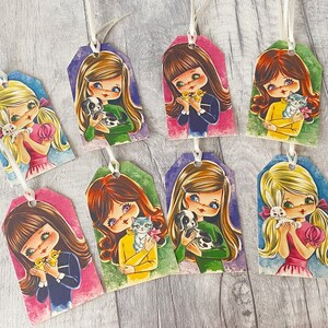 Retro 70s Gift Tags: Girls with Pets, Set of 8 bild 4