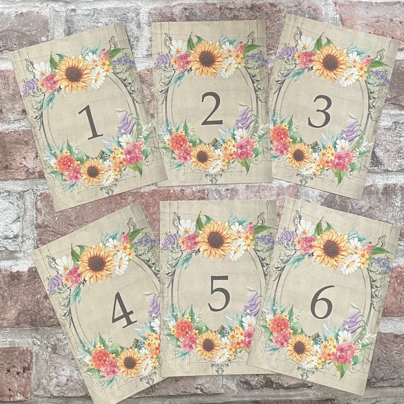 Sunflower Wedding Table Number Cards wild flower design centrepiece image 5