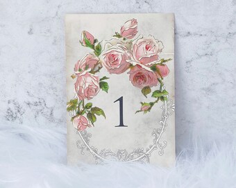 Vintage Style Wedding Table Numbers Names Cards Pink Flower Rose