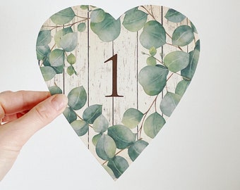 Heart Shaped Wedding Table Number Cards Eucalyptus Leaves Green Vintage Style Shabby Rustic