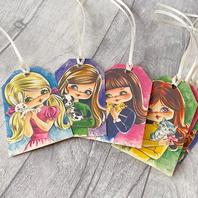 Retro 70s Gift Tags: Girls with Pets, Set of 8 bild 6