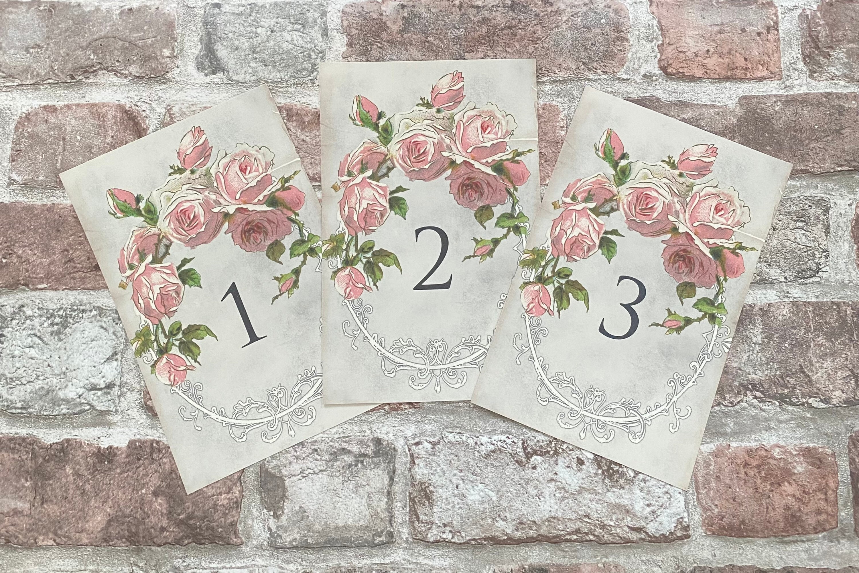 Vintage Style Wedding Table Numbers Names Cards Pink Flower Rose