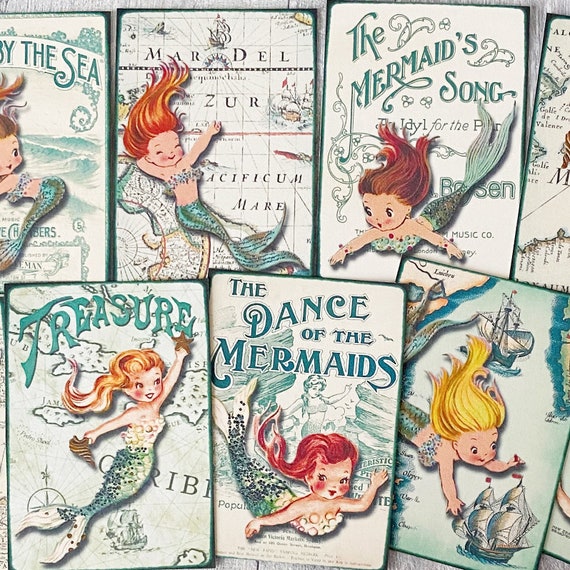 Mermaid card toppers - make your own cards, gift tags, vintage retro style