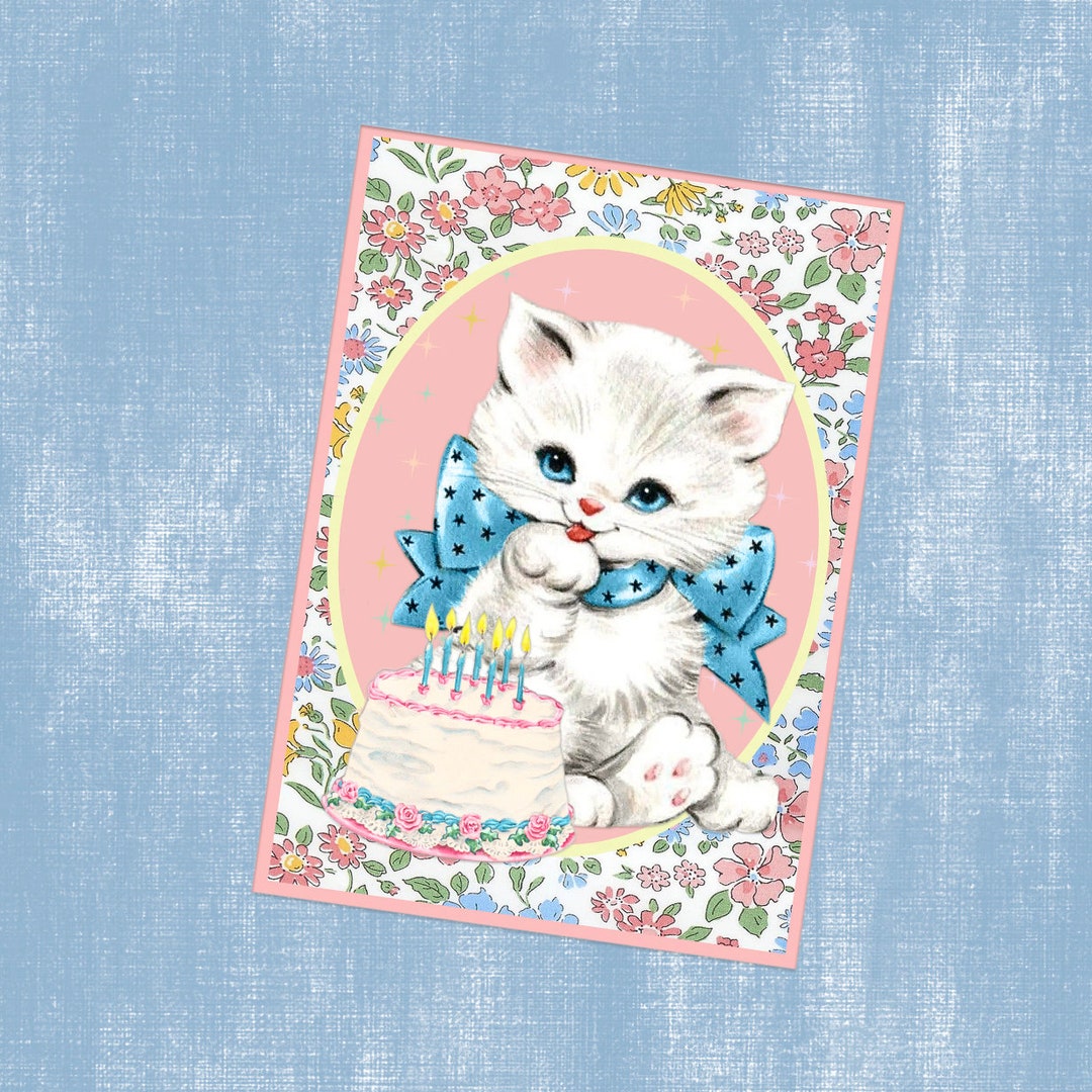 Pretty Kitty Birthday Card Kitsch Cat Vintage Pastel - Etsy