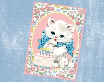 Pretty Kitty Birthday Card Kitsch Cat Vintage Pastel