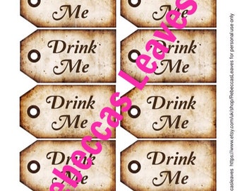Drink Me - Alice In Wonderland - gift tags, Digital Download Instant - wedding favors party favours -