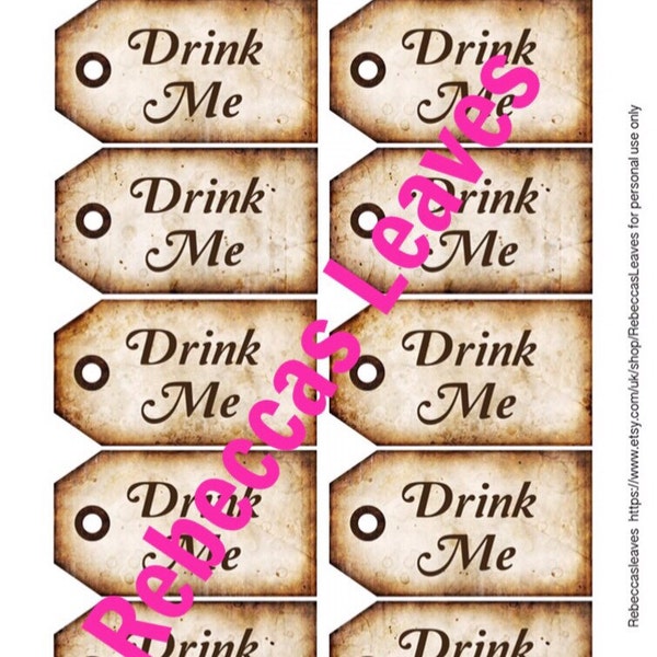 Drink Me - Alice In Wonderland - gift tags, Digital Download Instant - wedding favors party favours -