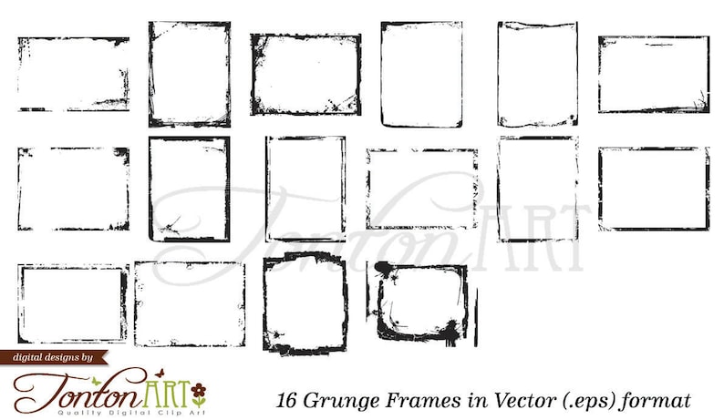May include: A set of 16 grunge frames in vector format. The frames are black and white and have a distressed, vintage look. They are perfect for adding a unique touch to your designs.