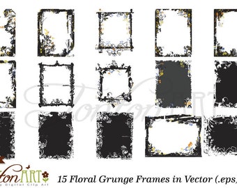 Floral Grunge Frames Photo Overlay, 15 Distressed Borders PNG, JPG & EPS, Grunge Clipart, Instant Download - D003