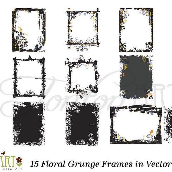 Floral Grunge Frames - Photo Overlays - digital clip art eps jpg png - picture frames -  grunge borders - instant download - D003