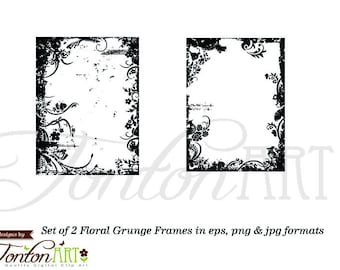 Floral Grunge Photo Overlay Frames, 2 Distressed Borders PNG, JPG & EPS, Grunge Clipart, Instant Download - D022