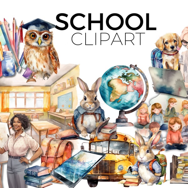 School Clipart, Watercolor school clip art, Back to School clipart, Back to school illustrations, School Bus clipart, School Books png