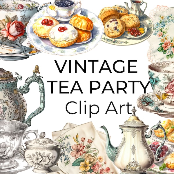 Tea Cup clipart, 1940's Vintage clips, Digital Clipart Illustration Set, Artists clips, Scrapbook images, Royal Tea Set, Stickers, Tea set