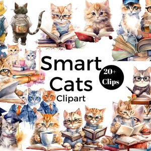 Smart Cats Clipart, Cats clipart, Vintage Cats clipart, Cats on Books, Cats Illustrations, Cats Commercial free images, Cats for KDP,