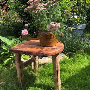 Può includere: Un tavolino rustico in legno con piano quadrato e gambe a tronco. Un boccale in ceramica marrone pieno di fiori rosa è appoggiato sul tavolo. Il tavolo è in un giardino con erba verde e fogliame.