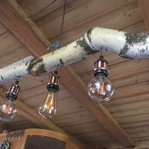 New!! Super beautiful, handcrafted &quot;HANGING LAMP - BIRCH&quot; 3 EDISON sockets & textile cable