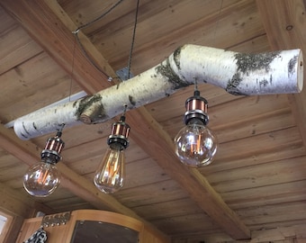 New !! Super beautiful, perfectly crafted "HANGING LAMP - BIRCH" 3 EDISON sockets & textile cable