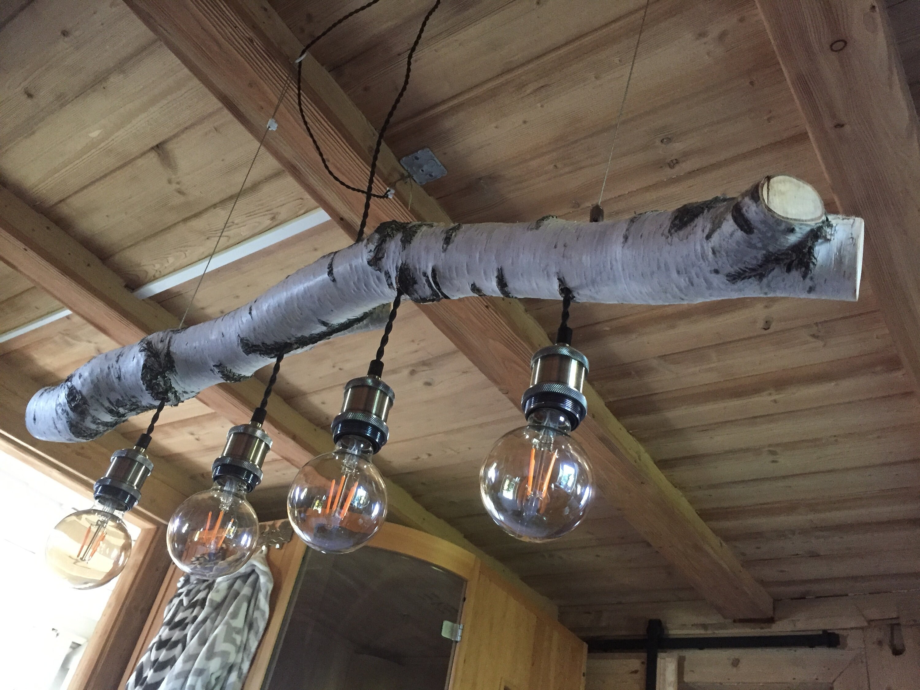 Rare!! Super beautiful, handcrafted perfect "HANGING LAMP - BIRCH" 4 EDISON sockets & textile cable / unique