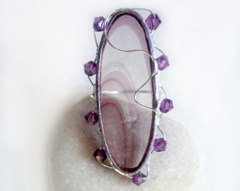 Oval ring clear glass purple with Swarovski crystals and silver wire.