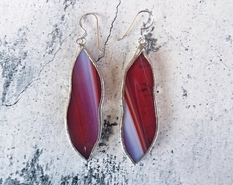 Red dangle earrings shaded stained glass handmade in Italy unique piece OOAK leaves shape elegant for woman gift for Valentine's Christmas