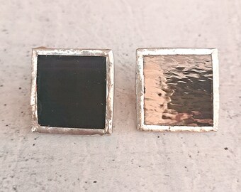 Large dark purple square earrings in stained glass and sterling silver unisex geometric style earrings and minimal dark gothic male jewelry