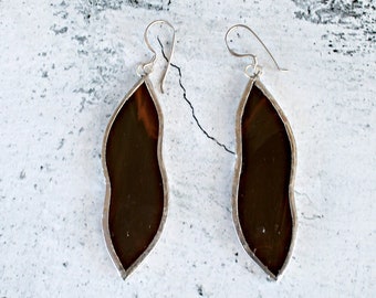 Brown glass teardrop sterling silver earrings, leaves dangle jewel, shell drop earrings, long minimal pendant earrings