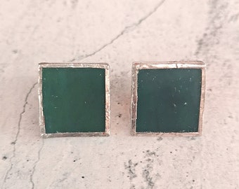 Orecchini quadrati blu verde quadrati in vetro e perno in argento 925 stile geometrico anni 50 unisex colore ottanio intenso per uomo