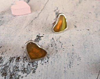 Yellow heart earrings in stained glass and sterling silver, gift for girlfriend anniversary, birthday gift for woman, Mother's day present