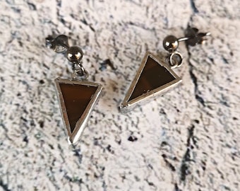 Man stud earrings with brown stained glass pendant in triangle shape and gunmetal sterling silver earlobe base perfect gift very small