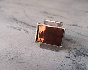 Grande anello rosa da donna base regolabile in argento 925 geometrico, anello da cocktail vetro rosa specchiato, misura regolabile