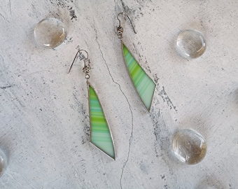 Green lime very long earrings for summer in stained glass and sterling silver, dangle drop earrings, geometric jewel in tropical style