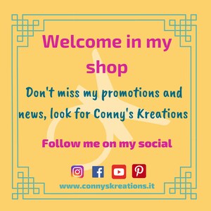 Op de afbeelding: Vierkante afbeelding met gele achtergrond en turquoise rand. Roze tekst luidt "Welcome in my shop". Blauwe tekst zegt "Mis mijn promoties en nieuws niet, zoek naar Conny's Kreations". Social media-pictogrammen onderaan.