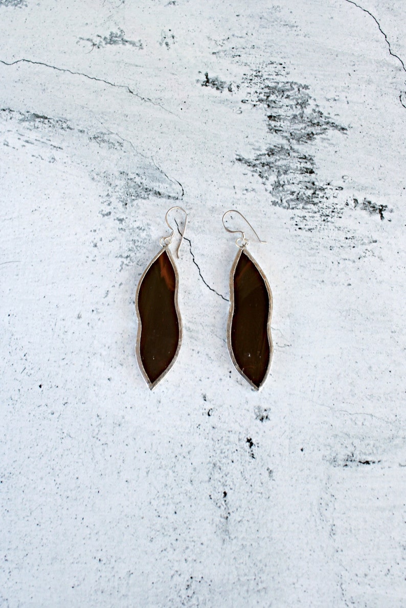Brown glass teardrop sterling silver earrings long minimal pendant earrings shell drop earrings leaves dangle jewel