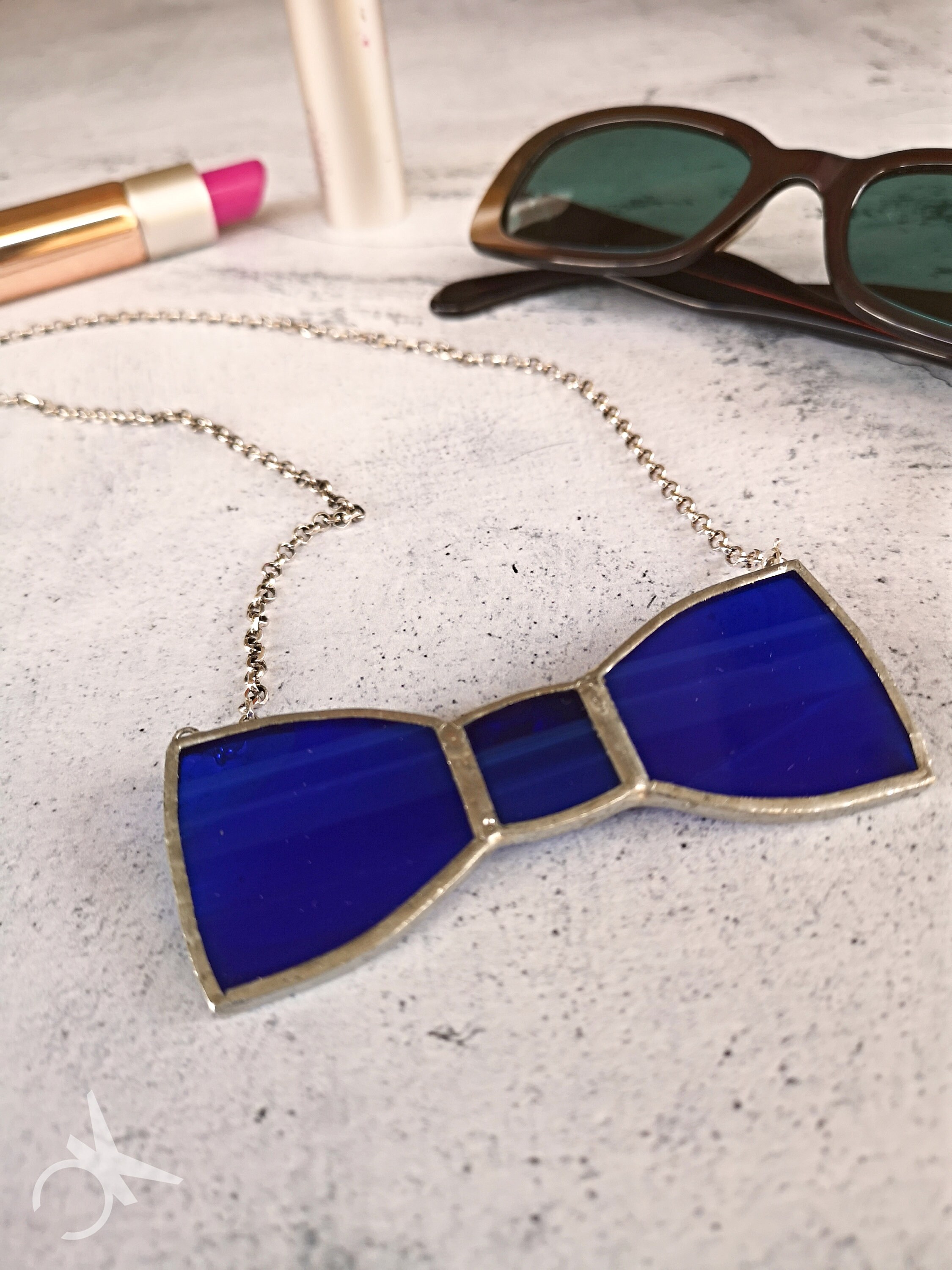 Blue Glass Necklace in Bow Shadow With Sterling Silver Chain  display picture 3