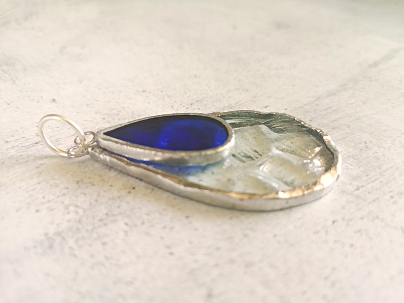 Blue stained glass drop pendant with clear blue little drop and a bigger in vintage upcycled bubble glass handmade for unisex gift image 6