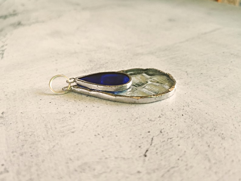 Blue stained glass drop pendant with clear blue little drop and a bigger in vintage upcycled bubble glass handmade for unisex gift image 8