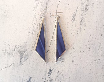 Long dangle blue earrings in triangle shape handmade in shaded stained glass elegant earrings for long formal dress at evening event