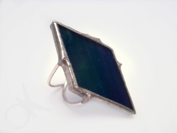 Anello in vetro blu verde argento 925 fatto a mano con vetro Tiffany, gioiello contemporaneo geometrico moderno molto comodo